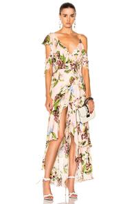 Nicholas Wrap Flounce Maxi Dress In Floral,pink