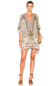 Camilla Mini Lace Up Caftan In Neutrals,abstract,geometric Print