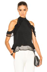 Jonathan Simkhai Window Pane Lace Cold Shoulder Top In Black