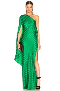 Michelle Mason One Shoulder Cape Gown In Green,stripes