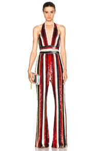 Zuhair Murad Embroidered Stripe Jumpsuit In Metallics,red,stripes