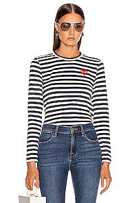 Comme Des Garcons Play Red Heart Striped Tee In Blue,stripes,white