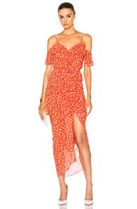 Veronica Beard Marilyn Cold Shoulder Ruffle Midi Dress In Red,floral