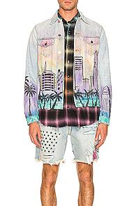 Amiri Airbrush Hollywood Trucker Jacket In Abstract,denim Light