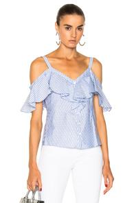 Veronica Beard Grant Off The Shoulder Ruffle Shirt In Blue,stripes