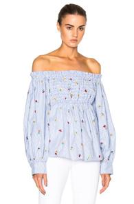 Suno Smocked Off Shoulder Embroidered Top In Blue,stripes,floral