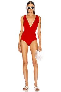 Adriana Degreas X Cult Gaia Ribbing V Neck Swimsuit In Red