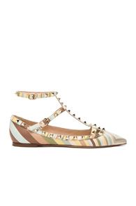 Valentino Rockstud Navajo Cage Flat In Green,neutrals,stripes,geometric Print