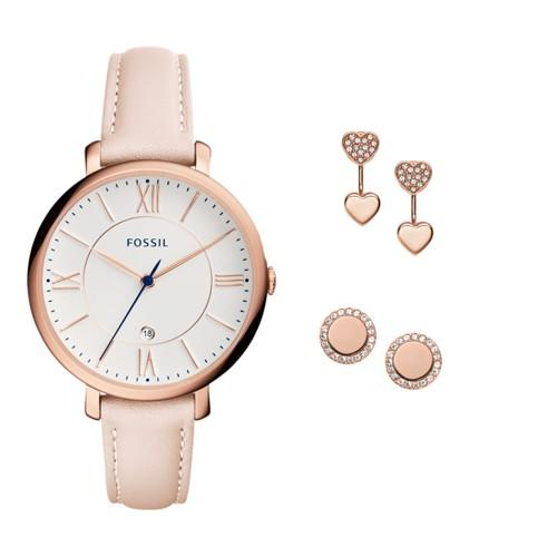 Fossil Jacqueline Three-hand Date Blush Leather Watch And Jewelry Box Set  Jewelry - Es4202set
