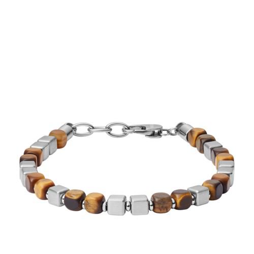 Fossil Square Tiger&apos;s Eye And Stainless Steel Beaded Bracelet  Jewelry - Jf03132040