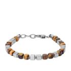 Fossil Square Tiger&apos;s Eye And Stainless Steel Beaded Bracelet  Jewelry - Jf03132040