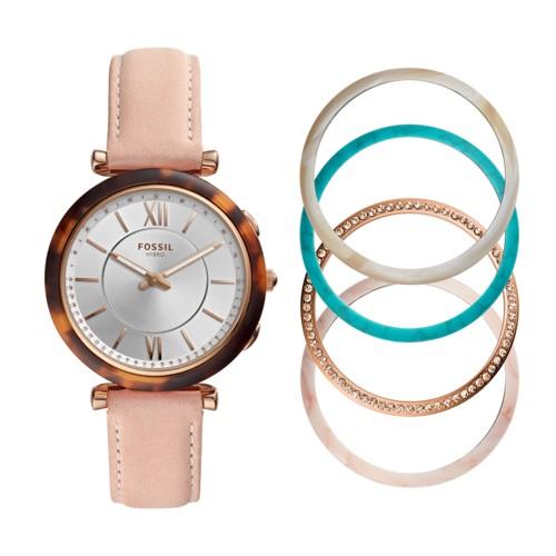 Fossil Hybrid Smartwatch - Carlie Blush Leather Interchangeable Bezel Box Set  Jewelry - Ftw5042set