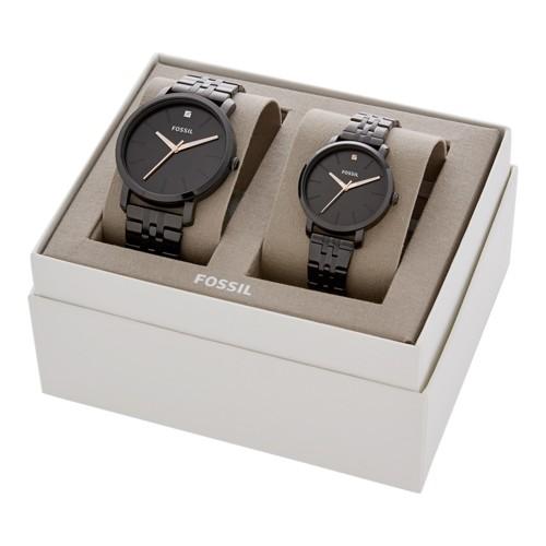 Fossil His And Her Lux Luther Three-hand Black Stainless Steel Watch Gift Set Jewelry - Bq2399set