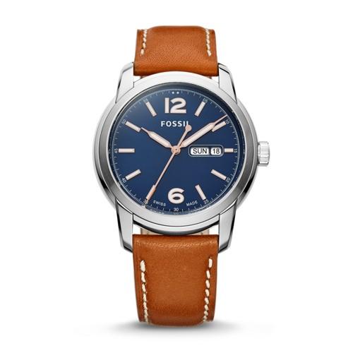 Fossil Swiss Fs-5 Series Brown Leather Watch Fsw4005 Blue
