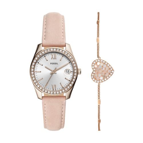 Fossil Scarlette Mini Three-hand Date Blush Leather Watch And Bracelet Box Set  Jewelry - Es4607set