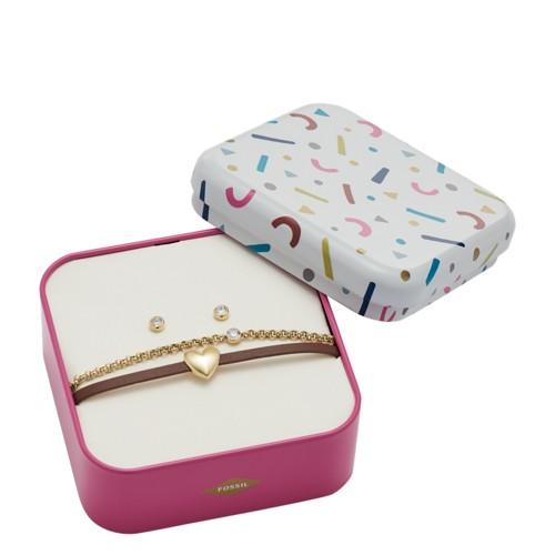 Fossil Heart Gold-tone Stainless Steel Studs And Bracelet Box Set  Jewelry - Jf03050710