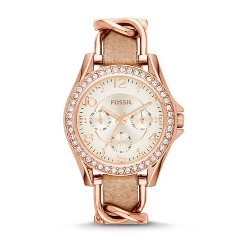 Fossil Riley Multifunction Rose-tone &amp; Sand Leather Watch   - Es3466