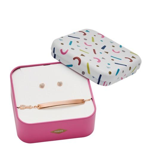 Fossil Heart And Arrow Rose Gold-tone Stainless Steel Studs And Bracelet Box Set  Jewelry - Jf03049791