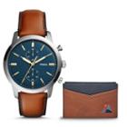 Fossil Townsman 44mm Chronograph Brown Leather Watch And Wallet Box Set  Jewelry - Fs5392set