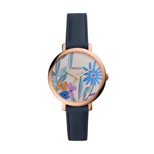 Fossil Jacqueline Three Hand Navy Leather Watch  Jewelry - Es4493
