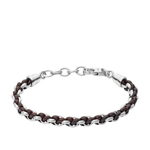 Fossil Woven Stainless Steel And Brown Leather Bracelet  Jewelry - Jf02936040