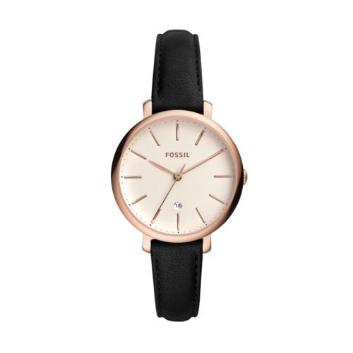 Fossil Jacqueline Three-hand Date Black Leather Watch  Jewelry - Es4370