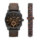 Fossil Machine Chronograph Dark Brown Leather Watch And Bracelet Box Set  Jewelry - Fs5251set