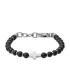 Fossil Black Agate And Stainless Steel Beaded Bracelet  Jewelry - Jf03121040