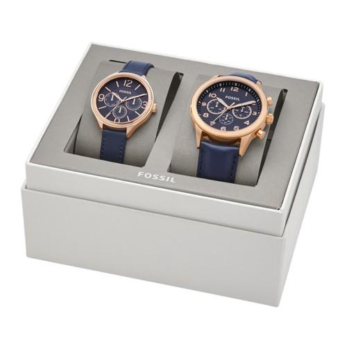 Fossil His Chronograph And Her Multifunction Navy Leather Watch Gift Set  Jewelry - Bq2186set