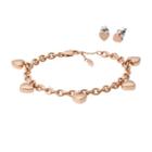Fossil Heart Rose Gold-tone Stainless Steel Studs And Bracelet Box Set  Jewelry - Jgftset1037