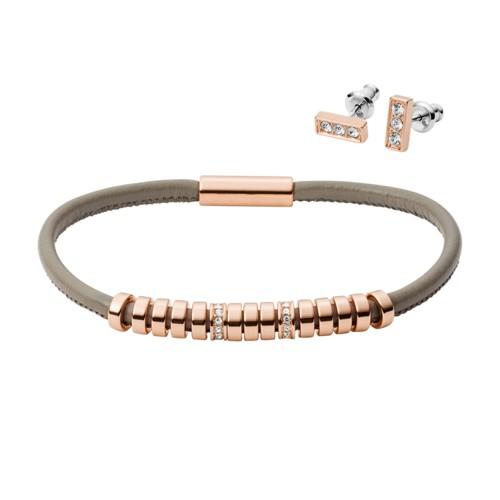 Fossil Bar Rose Gold-tone Stainless Steel Studs And Bracelet Box Set  Jewelry - Jgftset1038