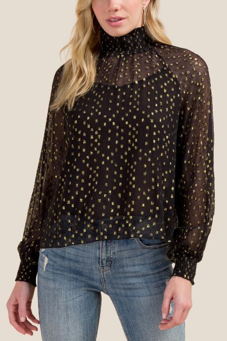 Francesca Inchess Elle Foil Dot Mock Neck Blouse - Black