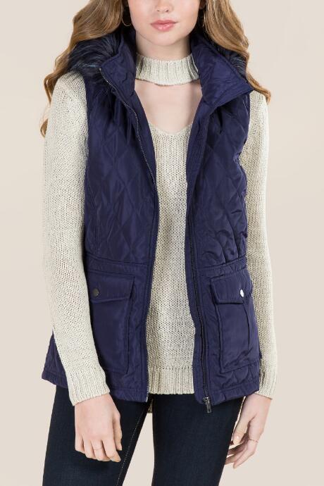 Thread And Supply Fern Puffer Fur Trim Vest - Navy