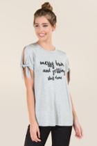 Sweet Claire Messy Bun Cold Shoulder Tie Sleeve Graphic Tee - Heather Gray