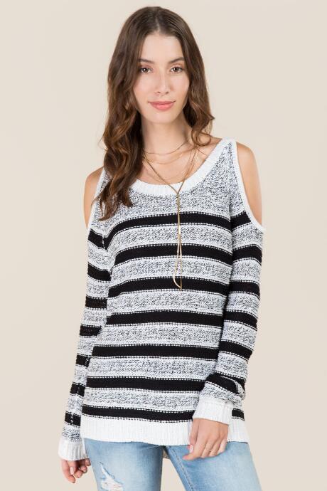 Francesca's Phoebe Striped Cold Shoulder Pullover - Black/white