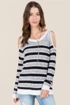 Francesca's Phoebe Striped Cold Shoulder Pullover - Black/white