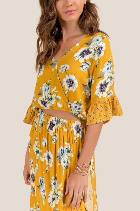 Francesca's Denise Floral Wrap Top - Marigold