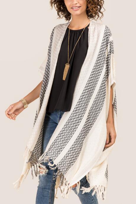 Francesca's Jeanette Tribal Fringe Ruana - Taupe