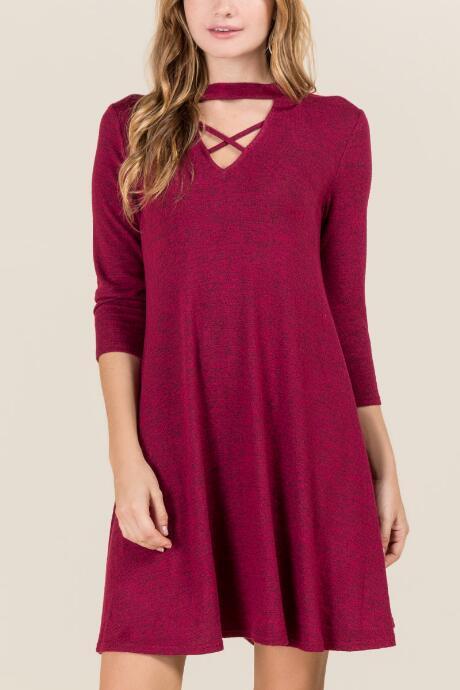 Alya Alexia X Neck Hacci Knit Dress - Burgundy