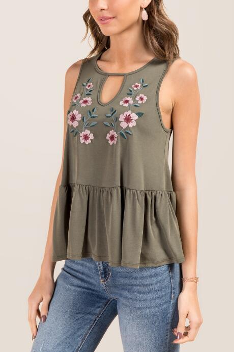 Francesca's Lola Floral Embroidery Peplum Top - Dark Olive