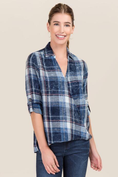 Jainsons International Hanna Bleach Wash Plaid Surplus Top - Chambray