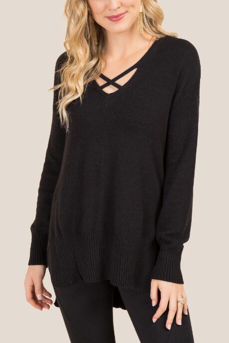 Francesca's Verena Lattice Neck Pullover Sweater - Black