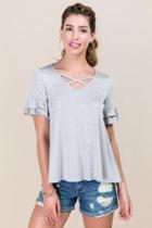 Blue Rain Elana Double Ruffle X Neck Knit Tee - Heather Gray