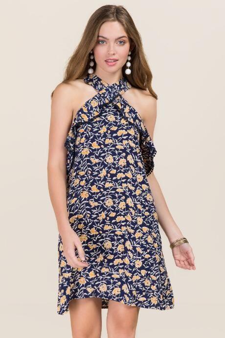 Blue Rain Marah Y Neck Floral Shift Dress - Navy