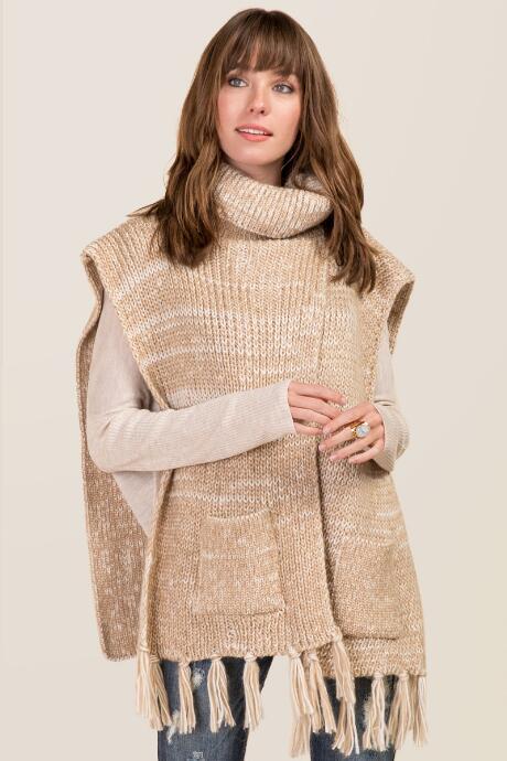 Francesca's Aziza Cowl Neck Tassel Poncho - Heather Oat