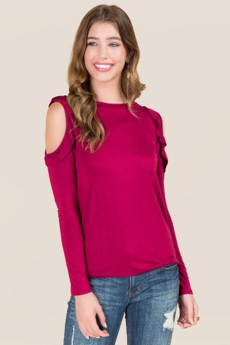 Jolie Rianne Ruffle Cold Shoulder Long Sleeve Tee - Burgundy