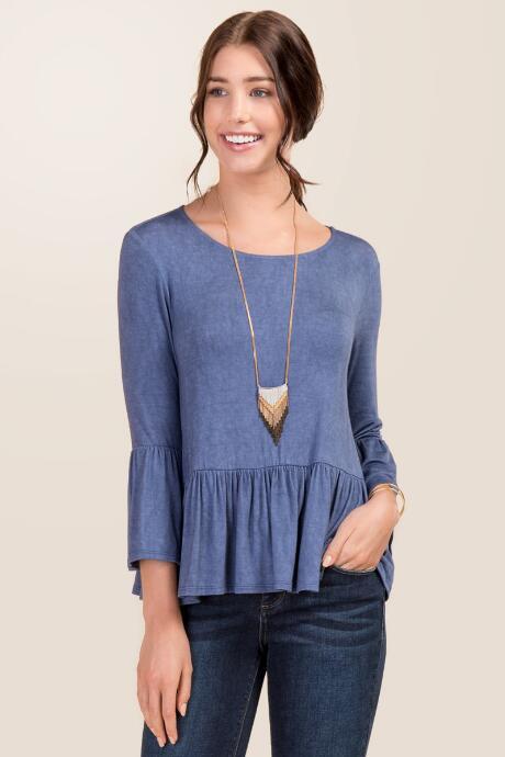 Dee Elle Kalani Bell Sleeve Peplum Knit Top - Navy