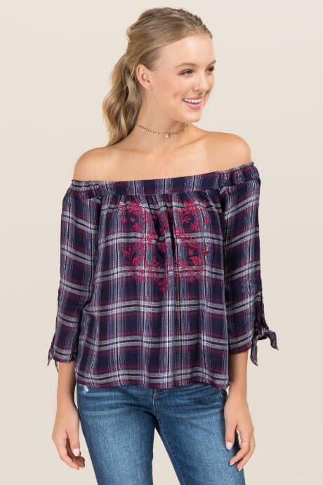 Trixxi Sheila Off The Shoulder Embroidery Tie Sleeve Plaid Blouse - Navy