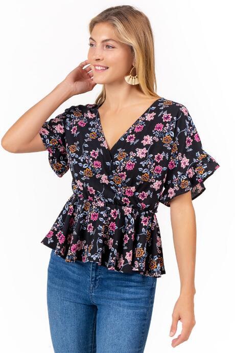 Francesca's Jo Floral Peplum Top - Black