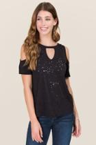 Sweet Claire Jaylyn Cold Shoulder Distressed Knit Tee - Black